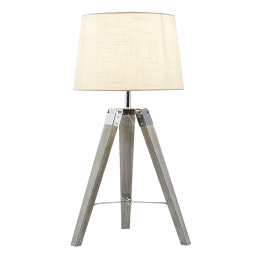Wood and Polished Chrome Table Lamp with Beige Fabric Shade
