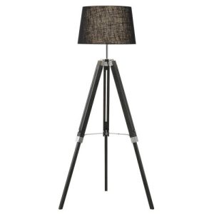 Wood and Polished Chrome Floor Lamp with Black Fabric Shade