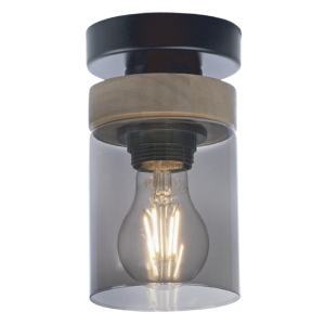 Metal and Wood Ceiling Fitting with Smoke Colour Glass