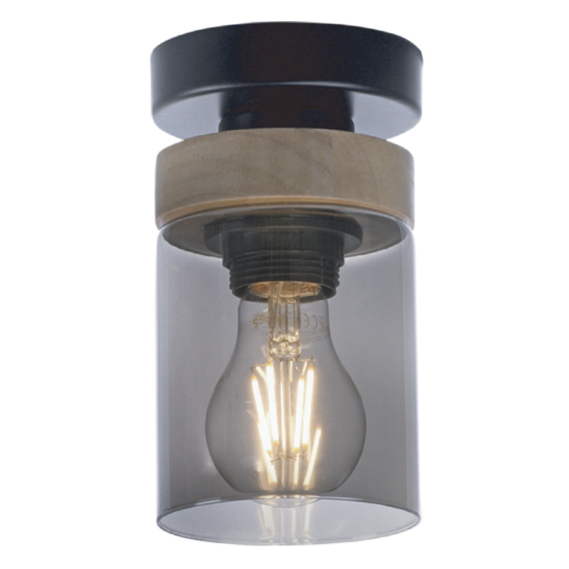 Metal and Wood Ceiling Fitting with Smoke Colour Glass
